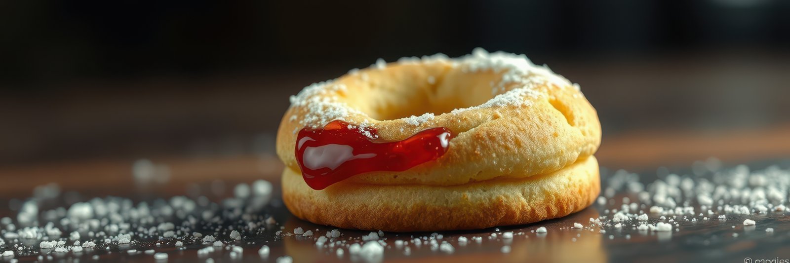Sweet dessert featuring a powdered sugar-coated pastry filled with bright red jam placed on a wooden surface